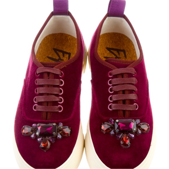 Carolina Herrera x Eytys Velvet Suede Burgundy Jeweled Platform Laced Sneakers - Picture 3 of 13